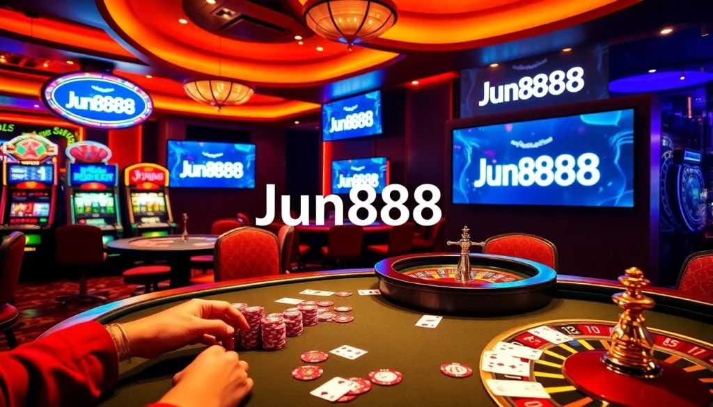Exciting casino scene highlighting Jun888 gaming elements with poker chips and roulette.