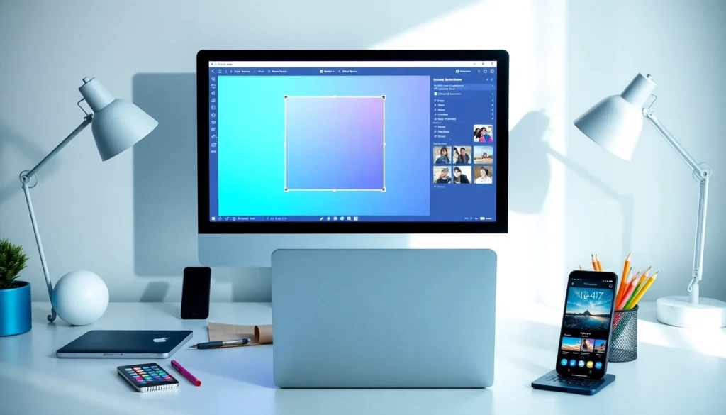 Transform a square image in a vibrant workspace with modern tech.