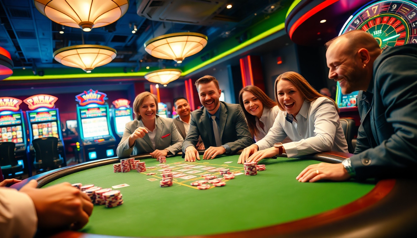 MABAR88 beraksi di meja poker kasino dengan chip cerah dan para pemain antusias.