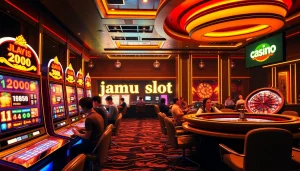 Experience thrilling wins with jamu slot in a luxurious online casino setting, featuring vibrant slot machines and excited players.