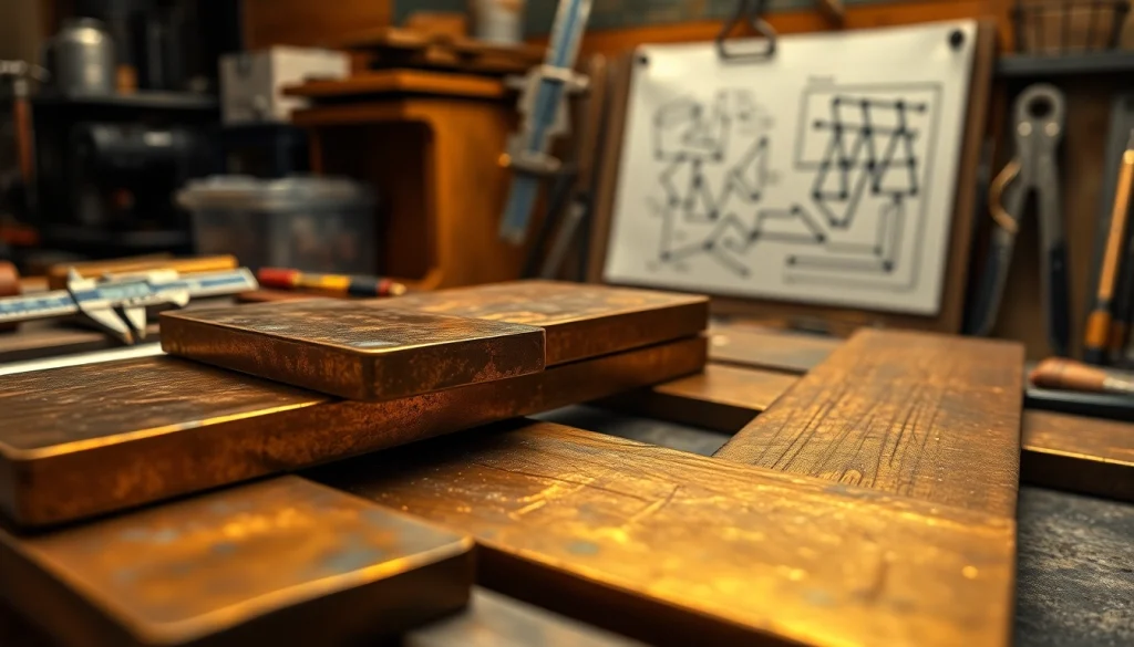 Vedere în prim-plan a Platbandei bronz grafitat cu unelte și schițe într-un atelier.