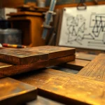 Vedere în prim-plan a Platbandei bronz grafitat cu unelte și schițe într-un atelier.