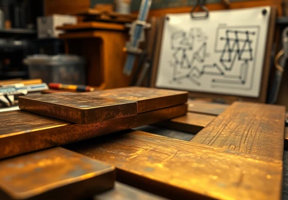 Vedere în prim-plan a Platbandei bronz grafitat cu unelte și schițe într-un atelier.