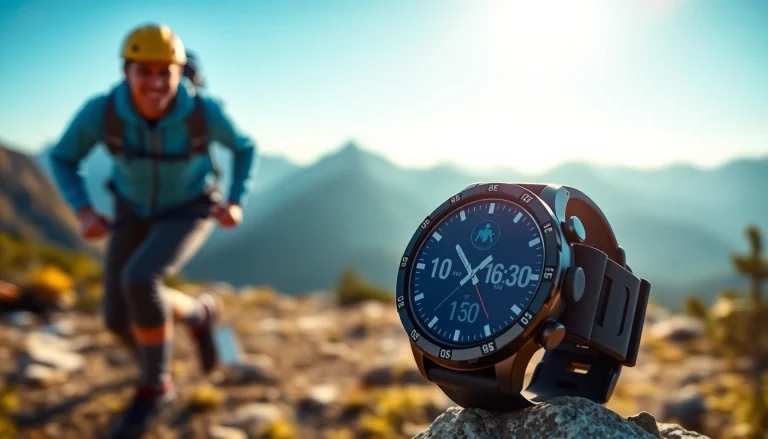 Showcasing the Explorer GPS Smart Watch amid stunning mountain scenery, perfect for outdoor adventures.