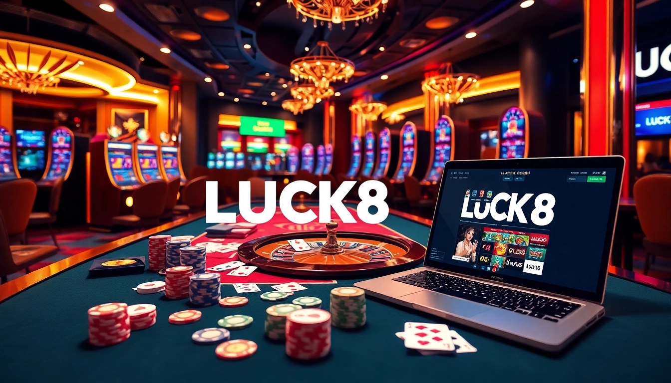 Experience thrilling gameplay at LUCK8's vibrant casino tables with colorful slot machines and poker setups.