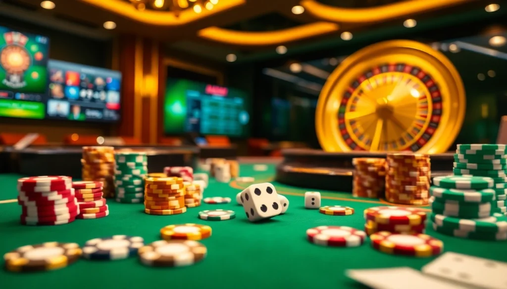 Jeu passionnant au meilleur casino en ligne avec des jetons de poker colorés et une roulette.
