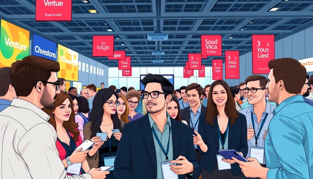 Attendees networking at a venture capital and startup conference, exchanging ideas and business cards.