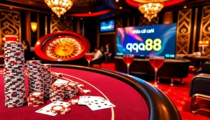 Engaging scene at nhà cái qq88 casino with players at a blackjack table and roulette wheel.
