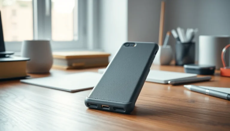 Handy Tasche abschließbar auf einem eleganten Schreibtisch, unter natürlichem Licht präsentiert.