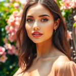 Emphasizing Beauty and Style, an elegant model poses gracefully in a lush garden.