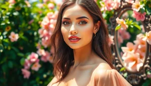 Emphasizing Beauty and Style, an elegant model poses gracefully in a lush garden.