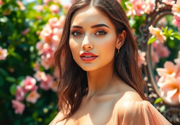 Emphasizing Beauty and Style, an elegant model poses gracefully in a lush garden.