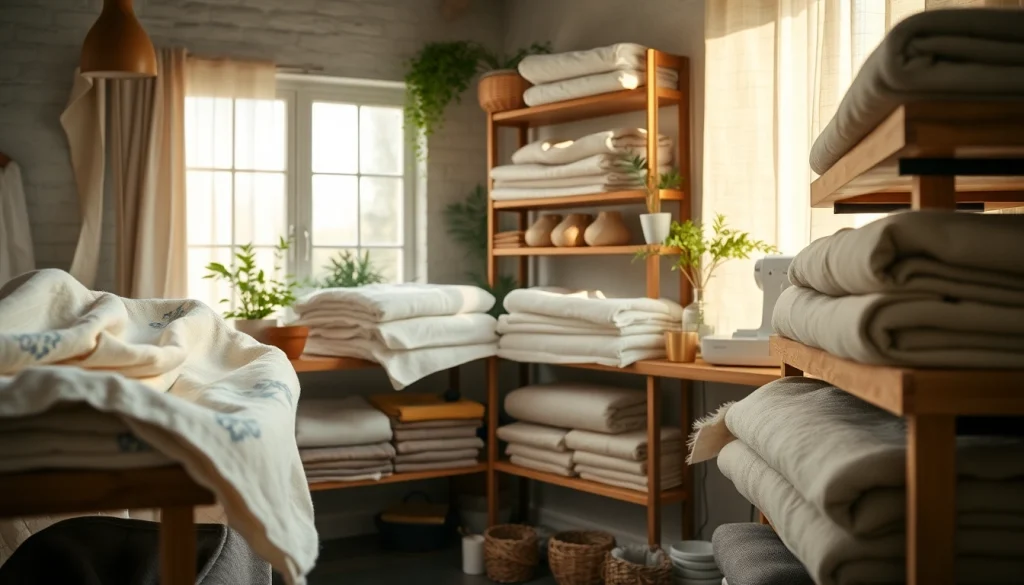 Linnen stoffen in diverse texturen en kleuren gepresenteerd in een sfeervolle ruimte.