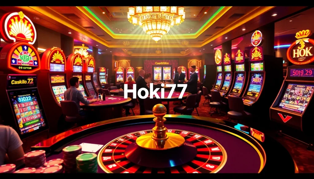 Exciting casino scene featuring vibrant hoki77 logo on slot machines and poker table gameplay.