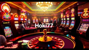 Exciting casino scene featuring vibrant hoki77 logo on slot machines and poker table gameplay.