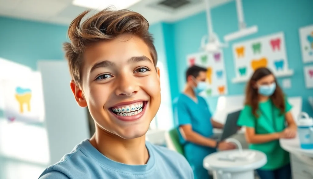 Smiling teenager with braces for teenagers Hawthorn in a cheerful dental office setting.