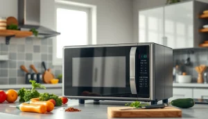 Showcase attractive microwave oven sales with a modern design and vibrant kitchen setting.