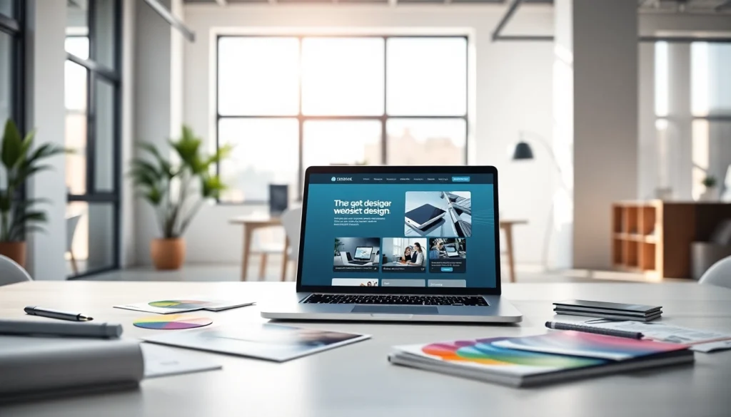 Showcasing brochure website design essex with a vibrant laptop and creative workspace.