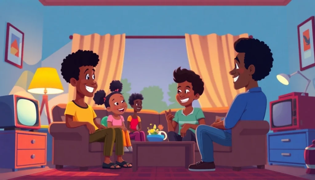 A family joyfully watching African American cartoons in a cozy animated living room.