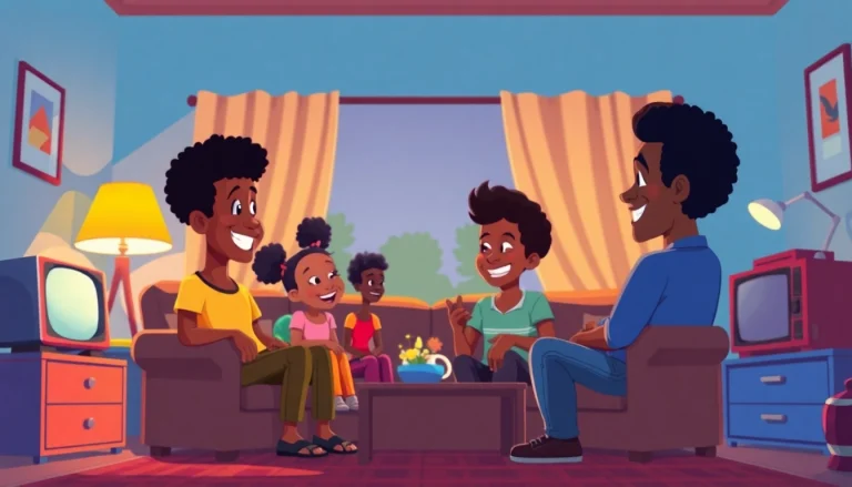 A family joyfully watching African American cartoons in a cozy animated living room.