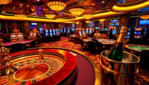 Hay88 casino scene featuring players enjoying poker and roulette with vibrant decor.