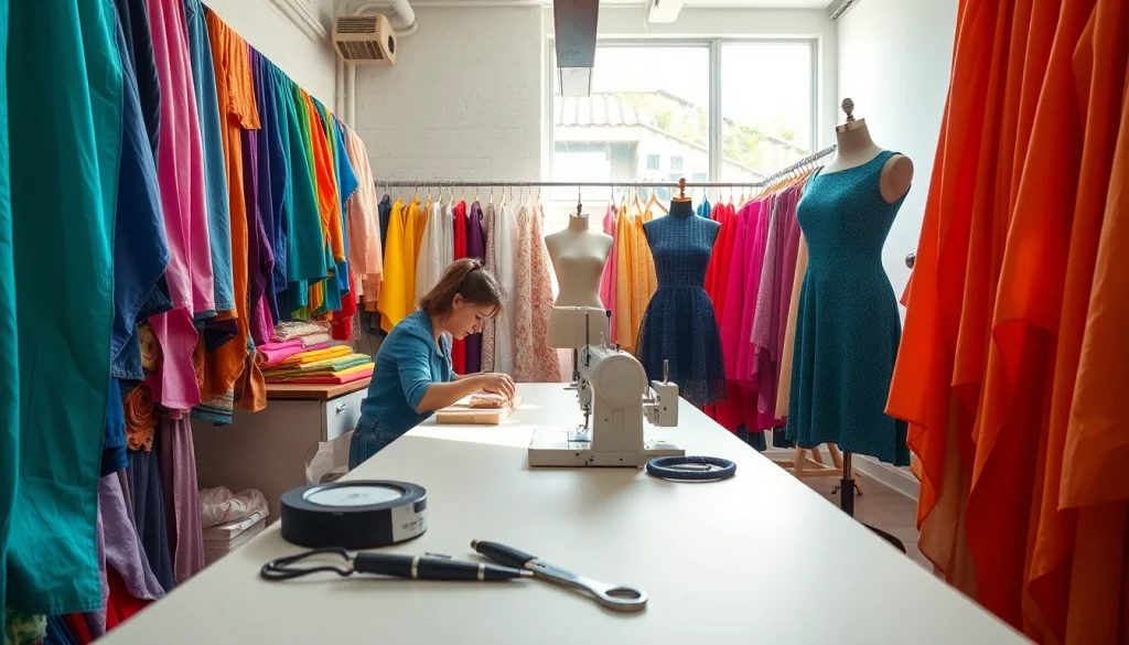 Stoffen voor kleding maken in een levendige naaiwerkplaats met kleurrijke stoffen.