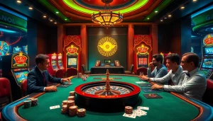 Engaging gameplay at MM88 online casino with vibrant tables, poker chips, and professional players.