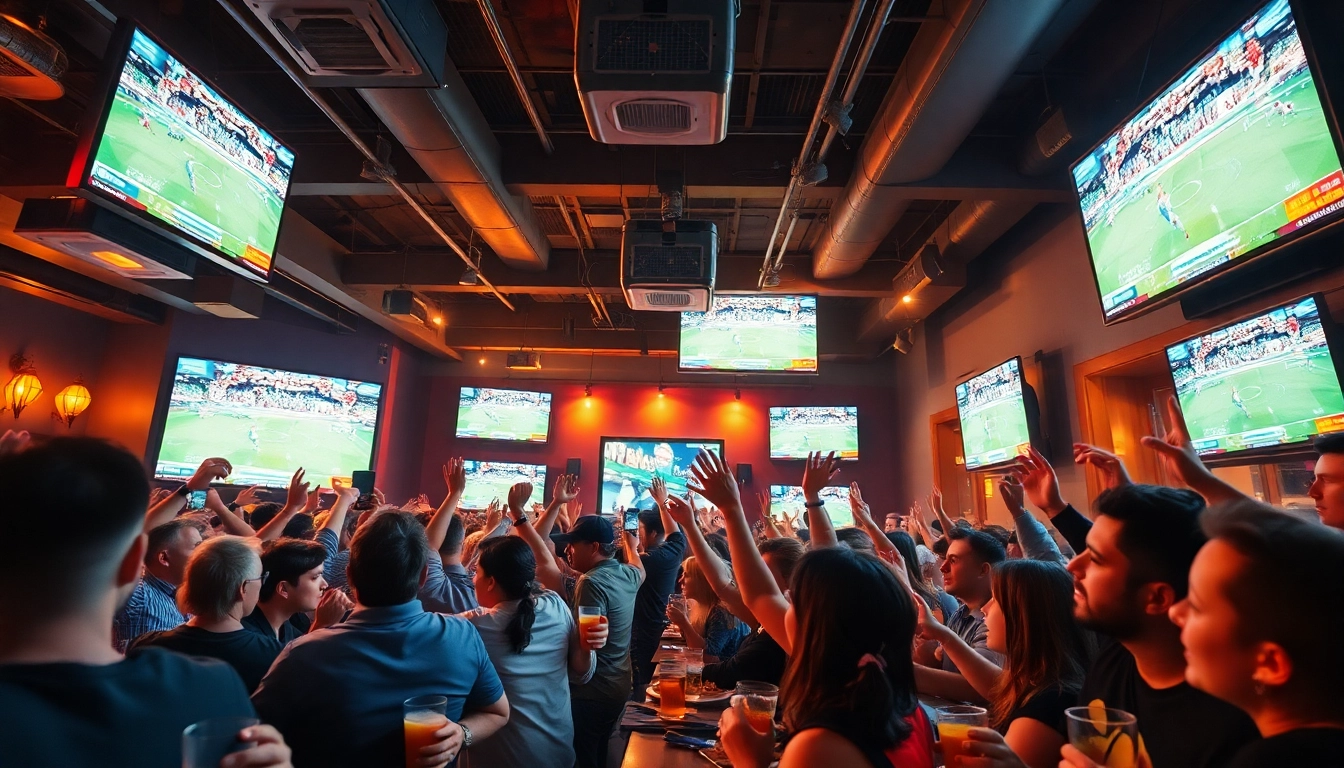 Excited fans enjoying high-quality 토토스토리 live sports broadcasts in a vibrant bar atmosphere.