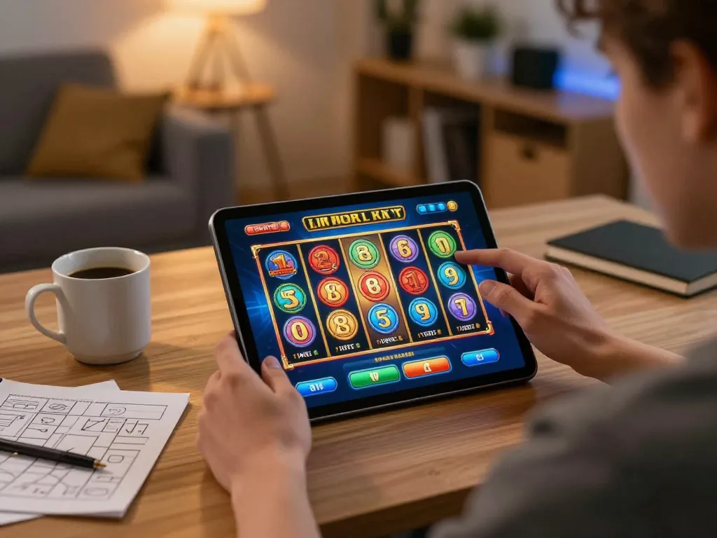 Terlibat dalam demo slot di tablet, menampilkan gulungan yang cerah dalam lingkungan rumah yang mengundang.