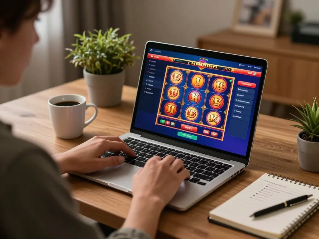 Online casinos Canada scene showing a player enjoying slots on a laptop in a cozy home environment.