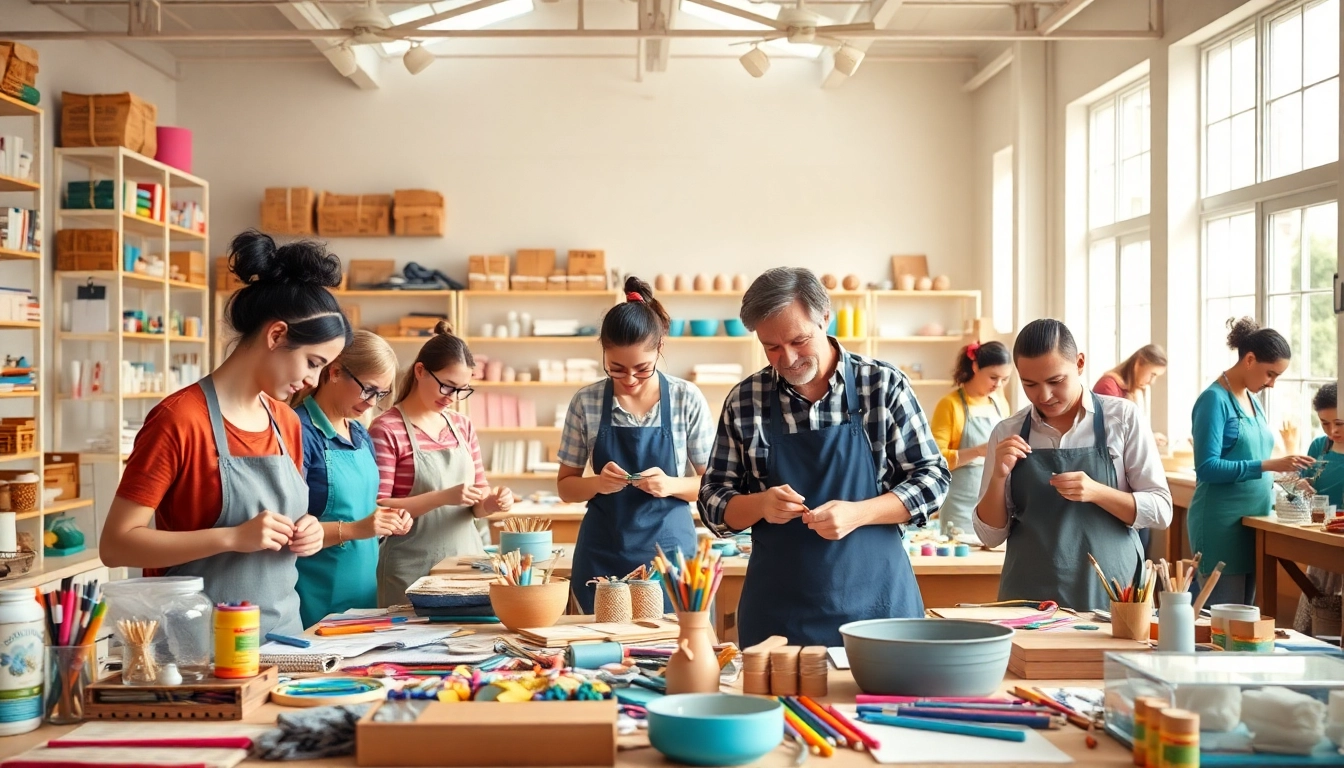 Showcase of craft training programs with artisans collaborating in a vibrant workshop.