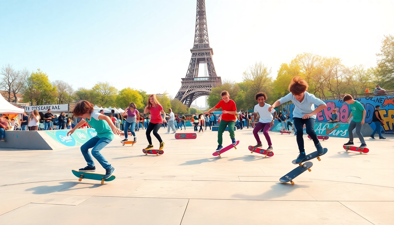 Action-packed moment at a Paris skate ecole where passionate skaters showcase their skills amidst a lively atmosphere.