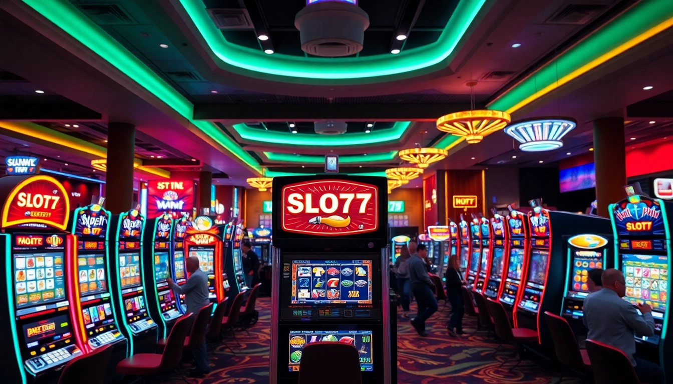 Main features of Slot77 slot machine attracting players in a lively casino atmosphere.