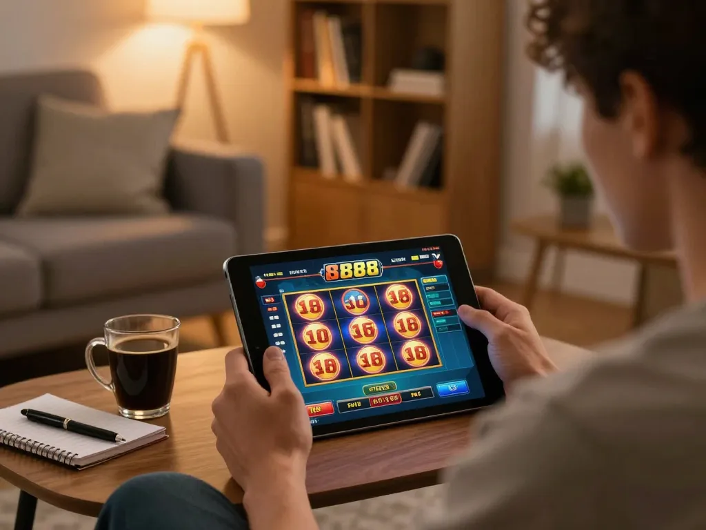 Player strategizing with slot88 game interface on tablet in cozy living room setting.