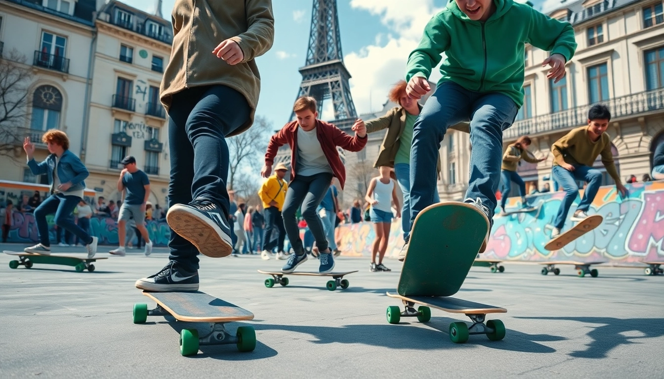 Des jeunes s'entraînant à la Paris skate ecole dans un skatepark animé à Paris.