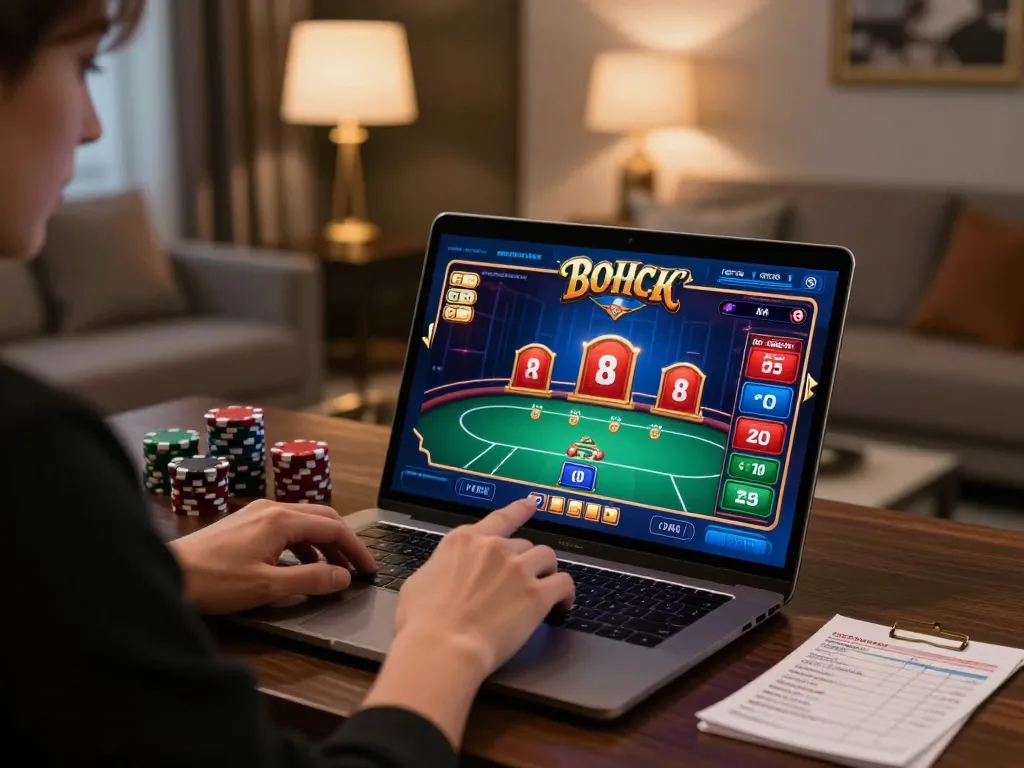 Engaging in online poker at TV88 with a vibrant interface and strategic notes in a cozy setup.