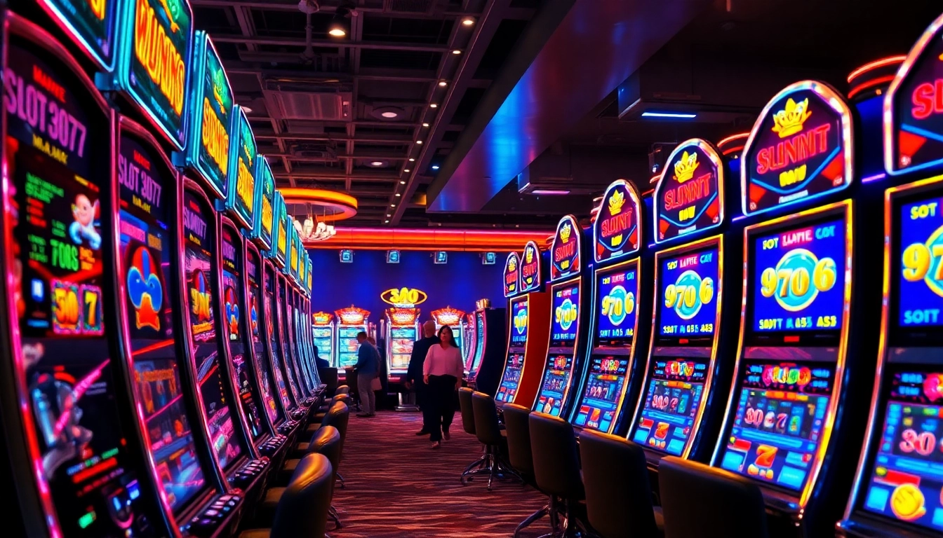 Slot777 machines in a lively casino setting with vibrant lights and excited players.