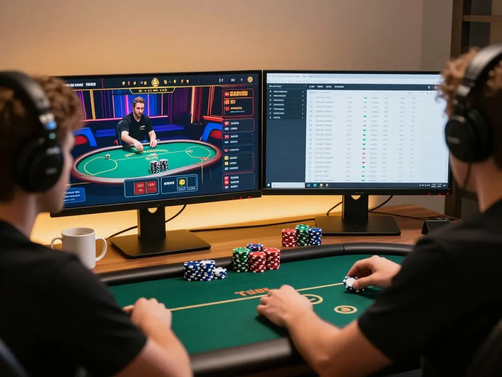 Engaging online poker game on uu88 com with dual monitors and calculated strategies.