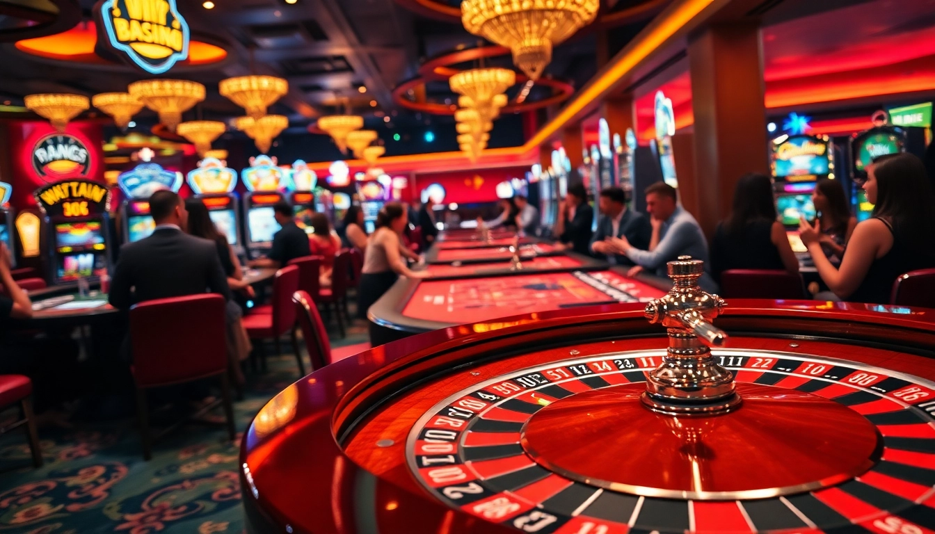 Permainan kasino bbni4d yang dinamis dengan pemain antusias dan meja roulette yang berkilau.