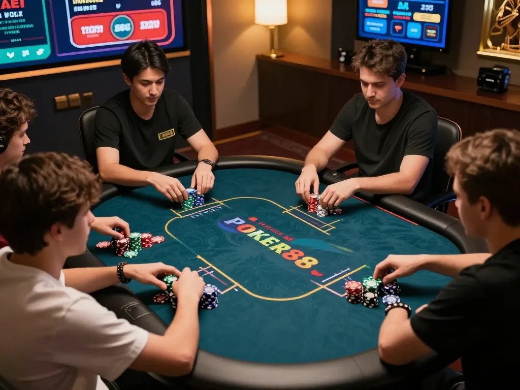 Players immerse in an engaging POKER88 online poker game at home, showcasing the vibrant betting interface and social interaction.