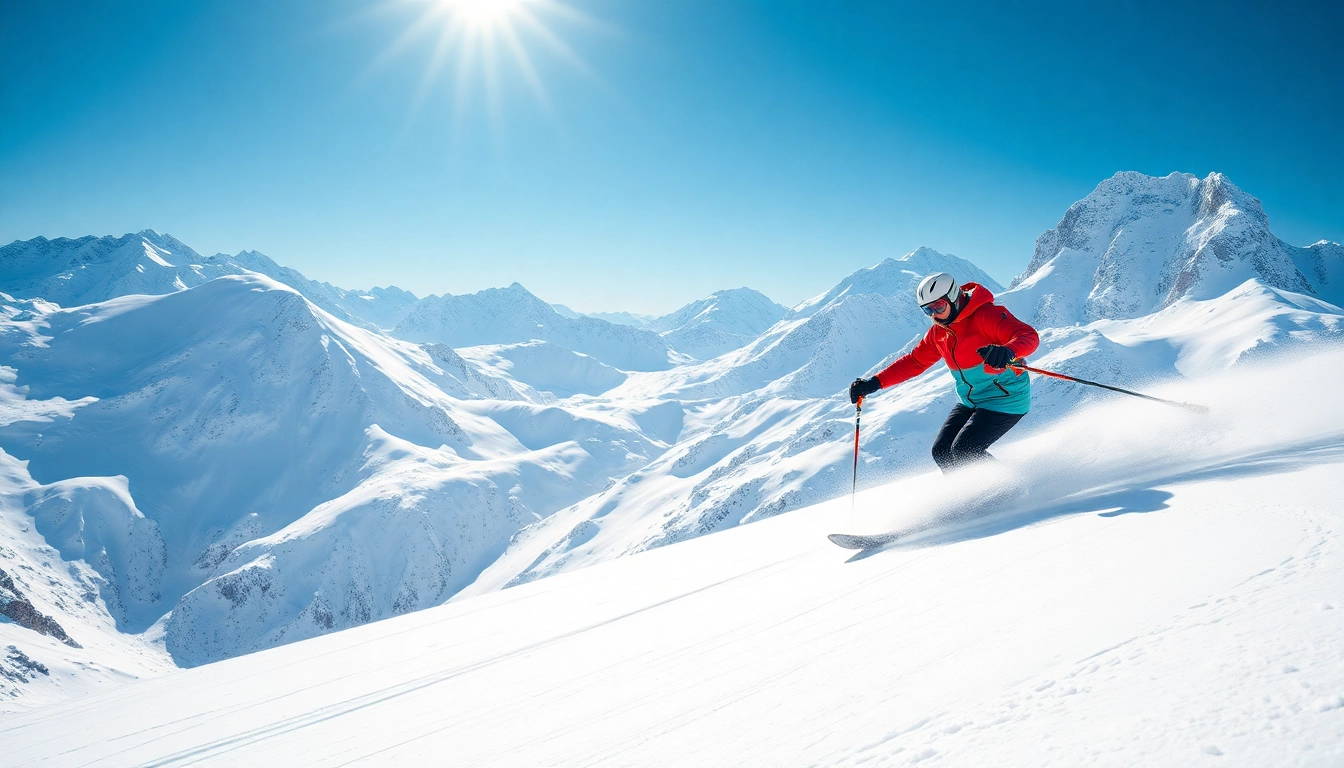 Skier showcasing the best brands for Skiing in a stunning snowy mountain landscape.