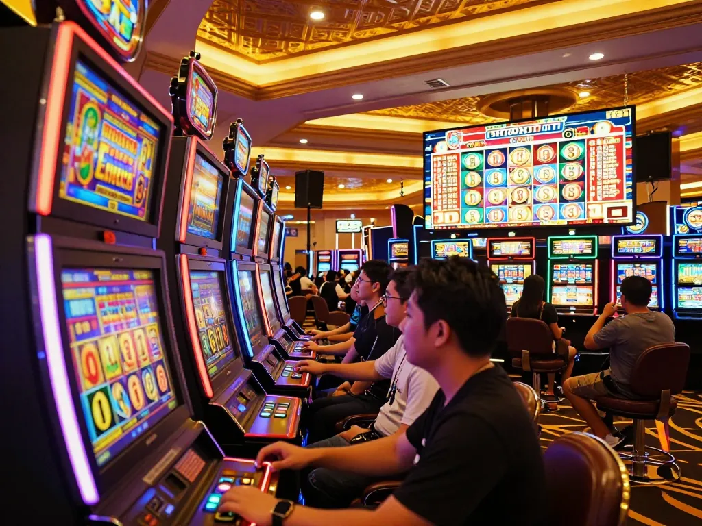 Players enjoying the energetic slot gacor hari ini experience in a vibrant casino.