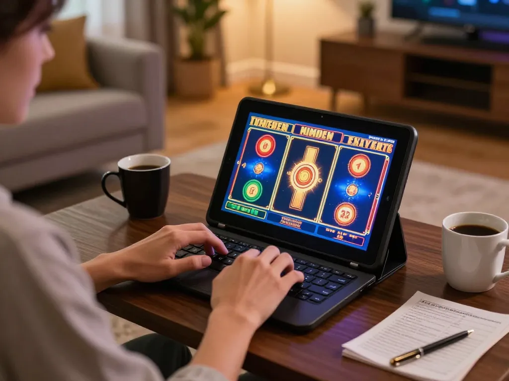 Luck8 player enjoying slots on tablet, relaxed home setting enhancing responsible gaming