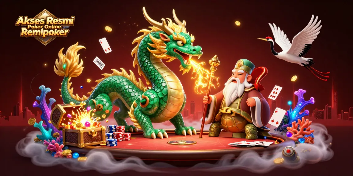 Akses Resmi Poker Online Remipoker showcases a dynamic poker scene with a jade dragon, turtle sage, and lucky cranes.