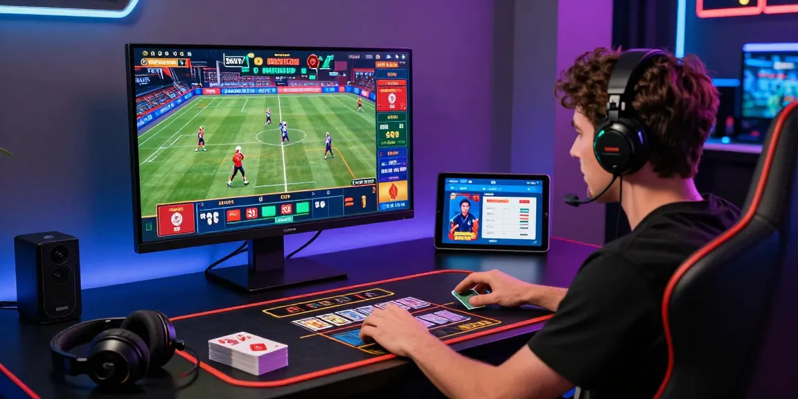 An engaging scene of a player at the trang chủ shbet, deeply focused on live sports and casino games, surrounded by high-tech gaming gear.