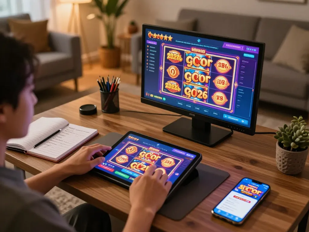 Engaging in slot gacor 2026 gameplay on tablet with strategic notes at home
