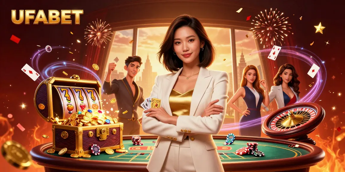 Bet on your fortune at UFABET with a glamorous Asian businesswoman holding golden cards.