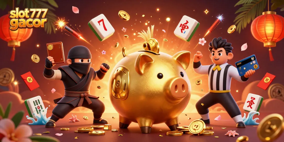 Engage with slot 777 gacor as golden coins spill from a lively sumo wrestler, framed by colorful mahjong tiles and festive elements.
