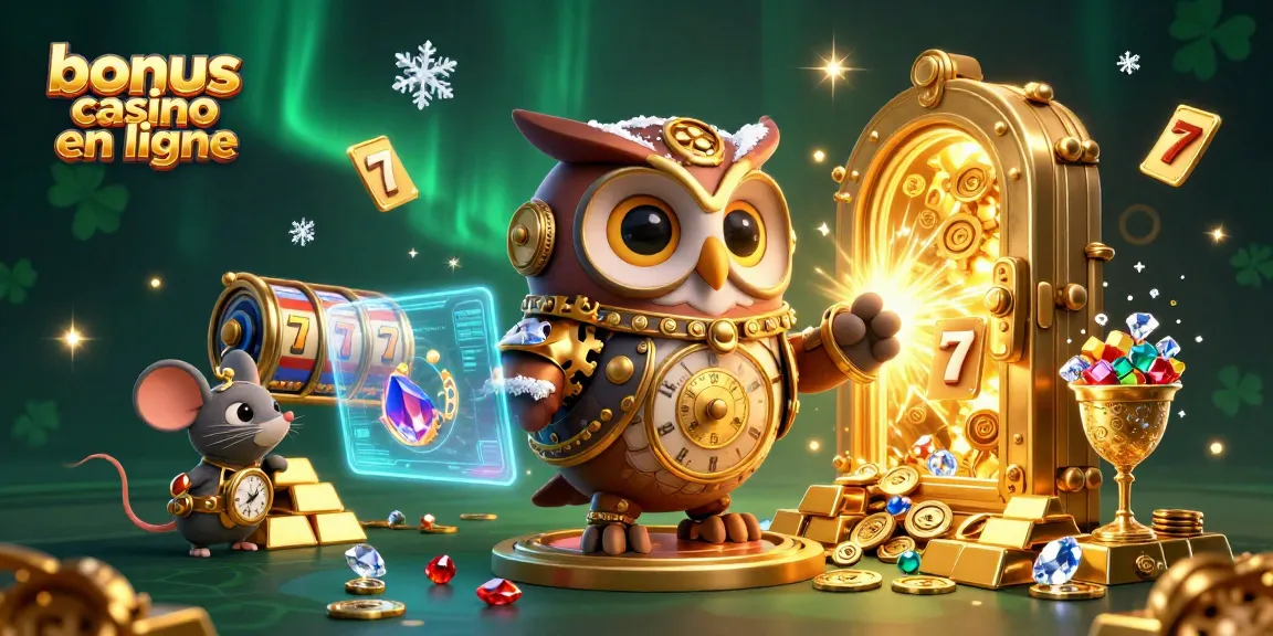 Découvrez les bonus casino en ligne avec un hibou steampunk et des éléments futuristes dans une scène dynamique.