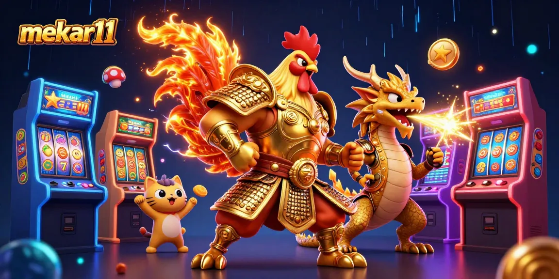 Experience the excitement of mekar11 with a powerful rooster warrior in a dynamic casino scene.